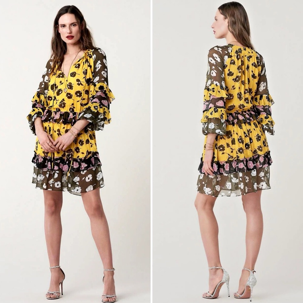 DIANE VON FURSTENBERG Silk Chiffon Floral Dress Frill Ruffle Party Size XS
